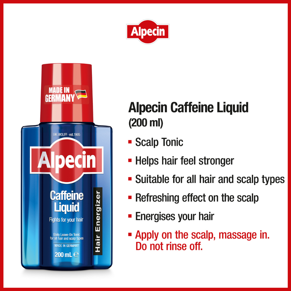 Alpecin Caffeine Liquid - Strengthens Hair with extra Boost, 200ml. Benefits, helps hair feel stronger. Suitable for all hair and scalp types. Energises your hair