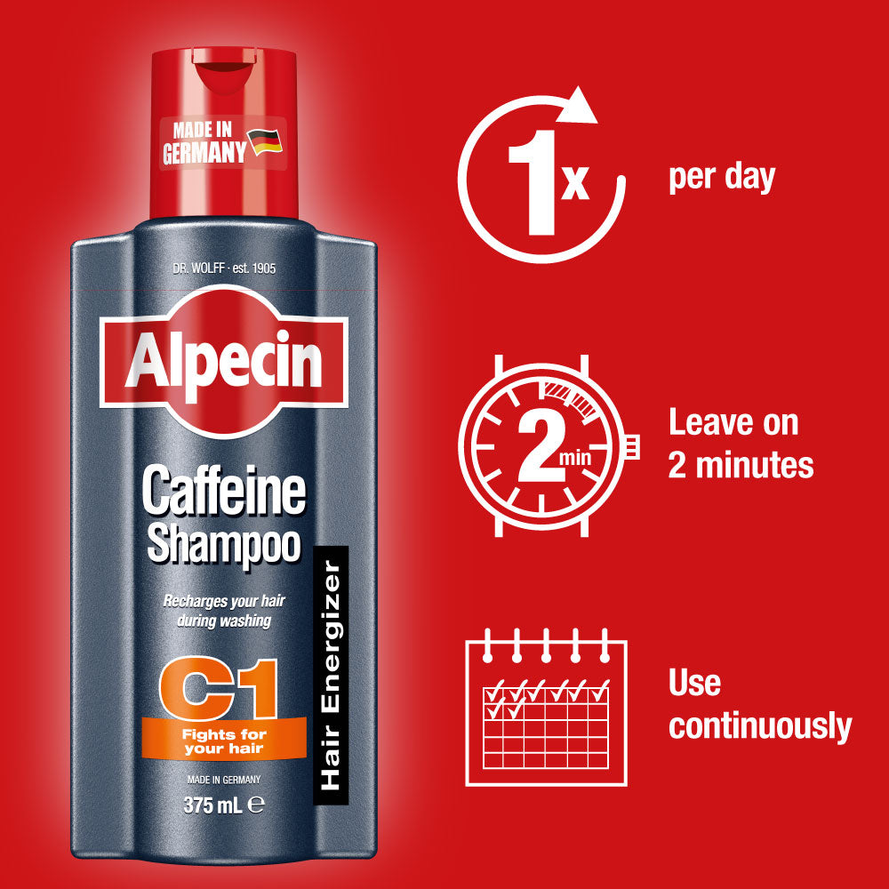 2x Alpecin Caffeine Shampoo C1 - For Stronger Hair, 375ml 3 steps, use daily, leave in for 2 minutes, use consistently for 90 days to see results. 