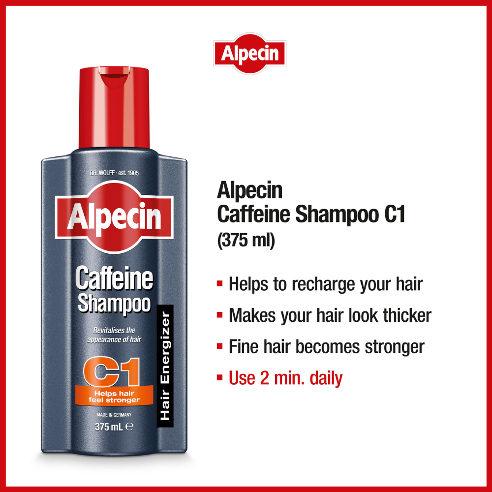 4x Alpecin Caffeine Shampoo C1 - For Stronger Hair, 375ml. Helps to recharge your hair. Makes your hair look thicker. Fine hair becomes stronger