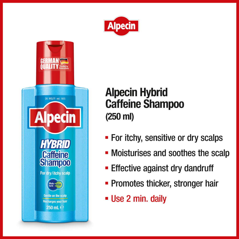 Alpecin Hybrid Caffeine Shampoo - for Dry and Itchy Scalp, 250ml benefits for itchy and dry scalps. Moisturises 