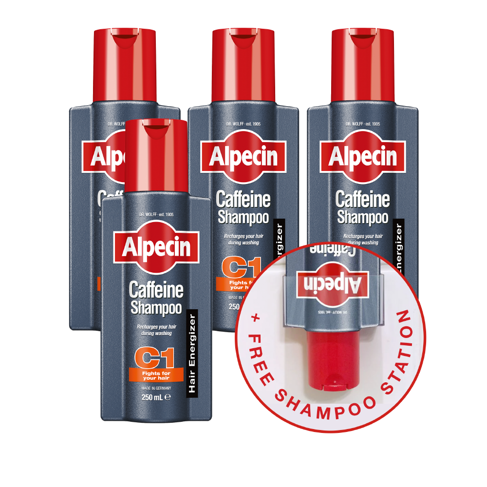 4x Alpecin Caffeine Shampoo C1 - For Stronger Hair, 250ml + FREE Shampoo Station worth 9.95