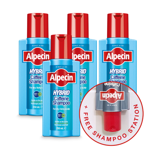 4x Alpecin Hybrid Caffeine Shampoo - for Dry and Itchy Scalp, 250ml + FREE Shampoo Station